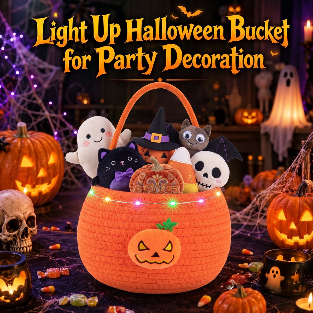 Halloween Trick or Treat Basket for Kid, Light Up Pumpkin Candy Bucket Cute Woven Cotton Rope Boo Basket with Handle, Small Halloween Gift Basket for Party,9.84"x7.87"x6.3", Orange