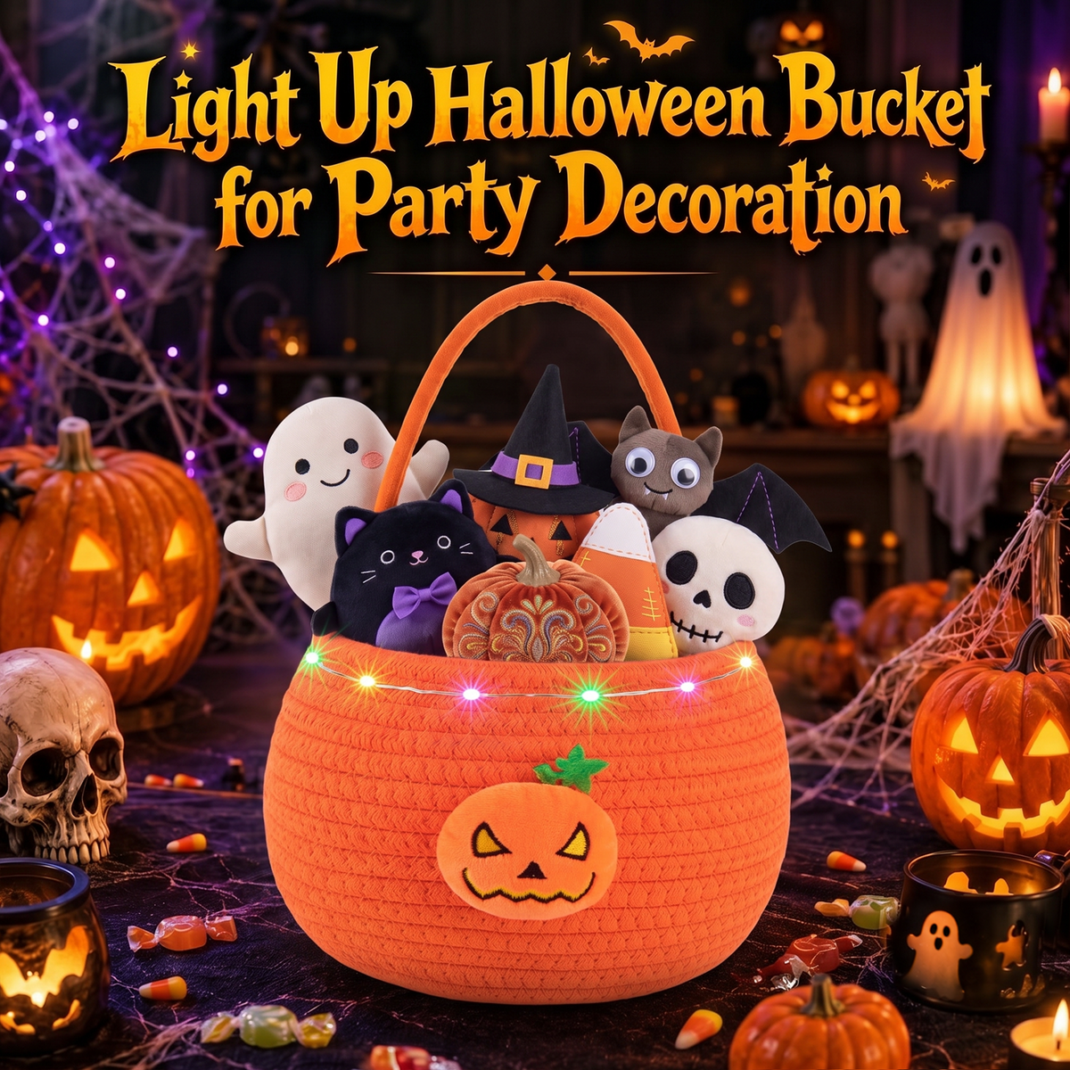 Halloween Trick or Treat Basket for Kid, Light Up Pumpkin Candy Bucket Cute Woven Cotton Rope Boo Basket with Handle, Small Halloween Gift Basket for Party,9.84"x7.87"x6.3", Orange