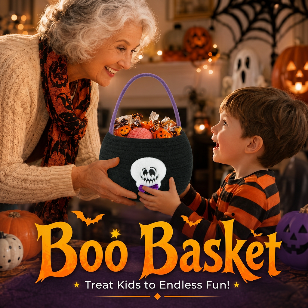 Halloween Trick or Treat Basket for Kids, Light Up Skull Candy Bucket Cute Woven Cotton Rope Boo Basket with Handle, Small Halloween Gift Basket for Party,7.87"x6.5"x5.91", Black