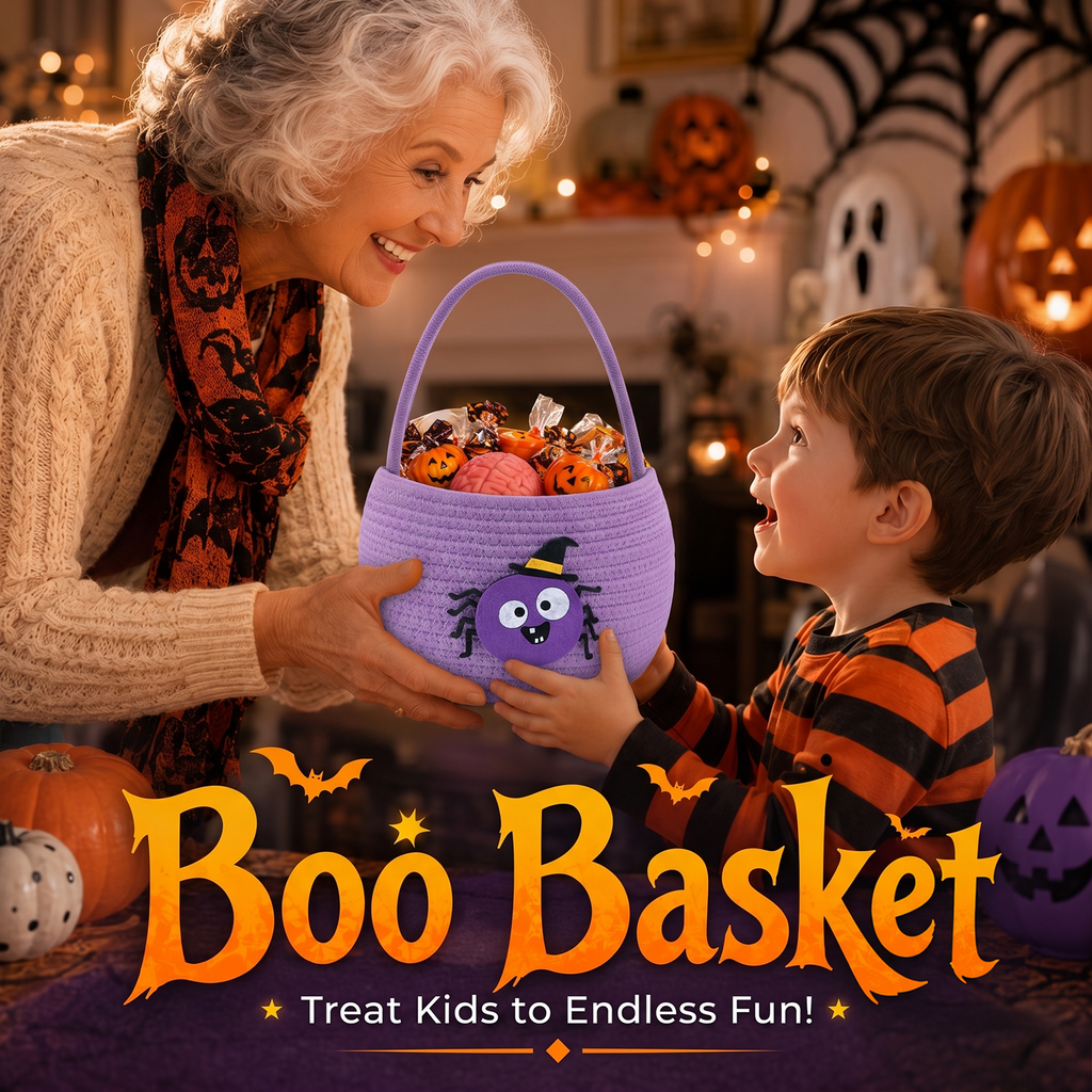 Halloween Trick or Treat Basket for Kids, Light Up Spider Candy Bucket Cute Woven Cotton Rope Boo Basket with Handle, Small Halloween Gift Basket for Party,7.87"x6.5"x5.91", Purple