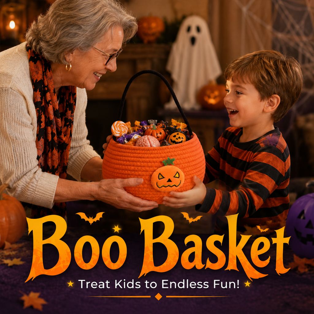 Halloween Trick or Treat Basket for Kid, Light Up Pumpkin Candy Bucket Cute Woven Cotton Rope Boo Basket with Handle, Small Halloween Gift Basket for Party,9.84"x7.87"x6.3", Orange