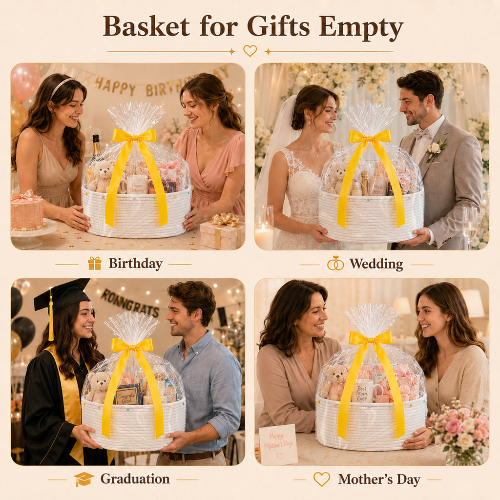 Large Gift Basket Empty for Baby Shower, Birthday, Wedding, Festival, White | Cotton Rope Storage Basket with Pom Pom Edge, Ribbon, Gift Bag, Decorative Toy Bin for Nursery, Shelf, 15.35''x11.42''x6.69''