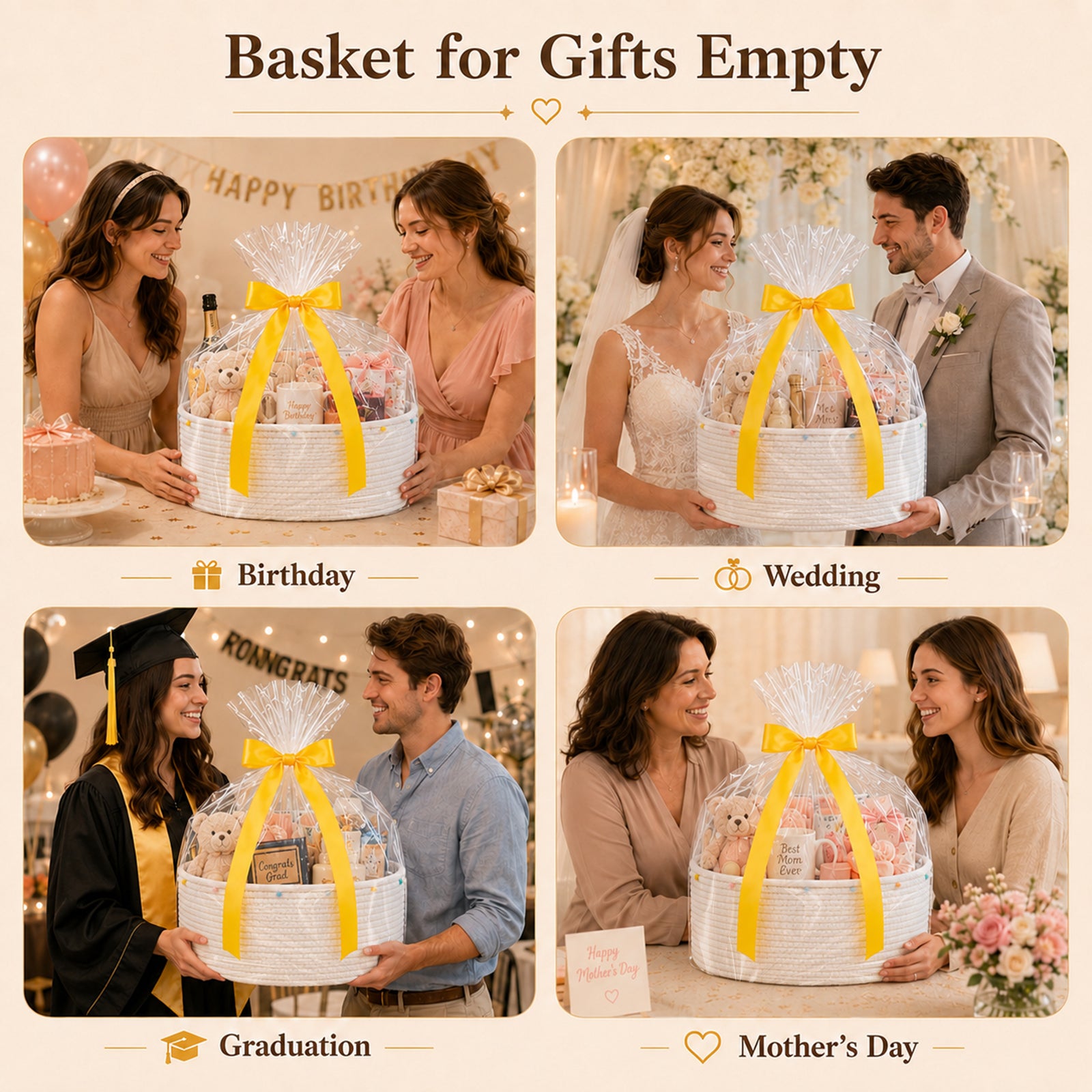 Large Gift Basket Empty for Baby Shower, Birthday, Wedding, Festival, White | Cotton Rope Storage Basket with Pom Pom Edge, Ribbon, Gift Bag, Decorative Toy Bin for Nursery, Shelf, 15.35''x11.42''x6.69''