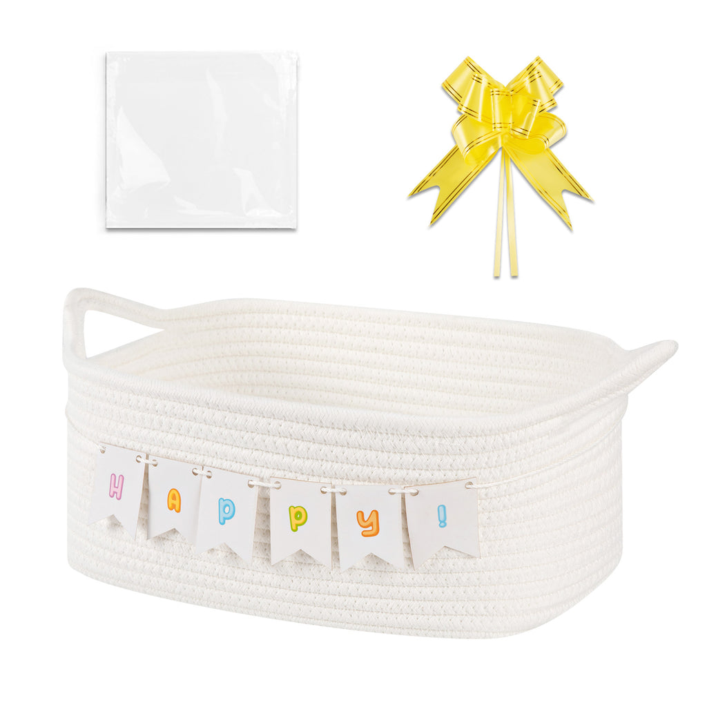 OIASKET Empty Personalized Gift Basket for Baby Shower & Birthday | 13.5"x10"x6" Woven Storage Basket with Bags, Bow & DIY Flag Set for Kids, Dogs, Nurser Toy Bin Home Decor-White