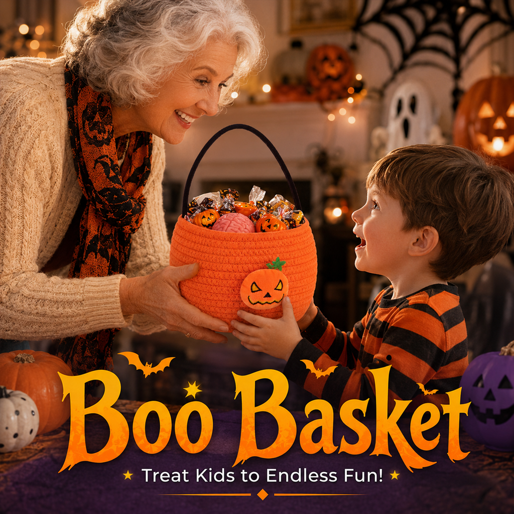 Halloween Trick or Treat Basket for Kids, Light Up Pumpkin Candy Bucket Cute Woven Cotton Rope Boo Basket with Handle, Small Halloween Gift Basket for Party,7.87"x6.5"x5.91" ,Orange
