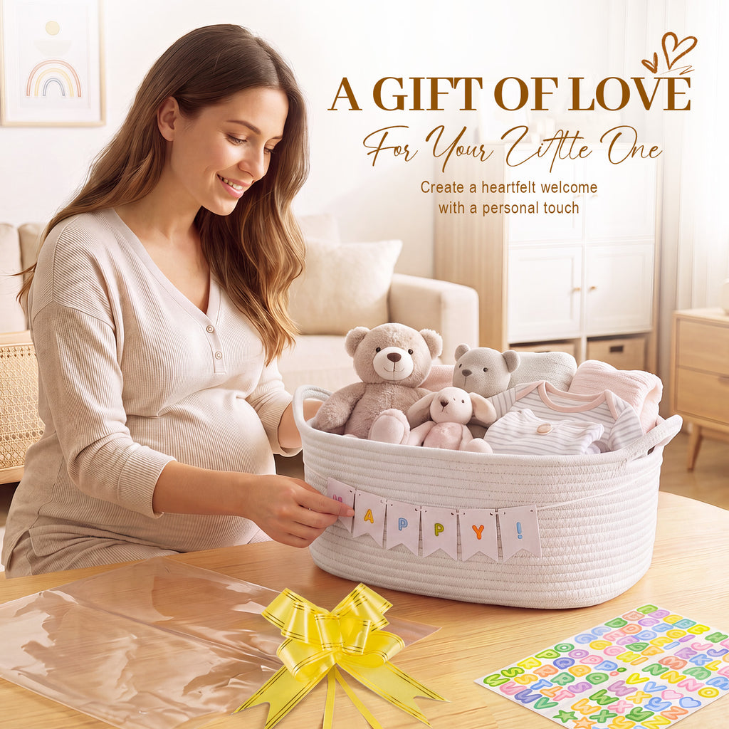 OIASKET Empty Personalized Gift Basket for Baby Shower & Birthday | 13.5"x10"x6" Woven Storage Basket with Bags, Bow & DIY Flag Set for Kids, Dogs, Nurser Toy Bin Home Decor-White