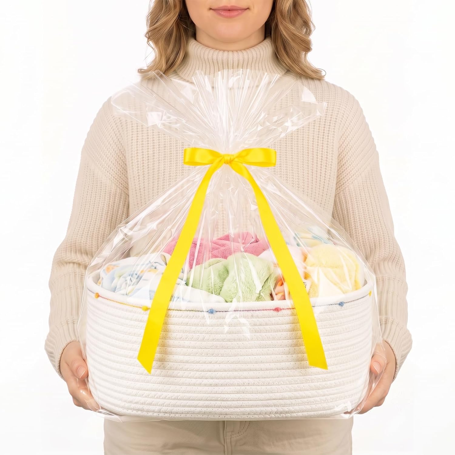 Large Gift Basket Empty, Cotton Rope Basket for Baby Shower,Festival,White | Woven Storage Basket with Gift Bag, Ribbon for Birthday,Wedding, Decorative Toy Bin for Nursery,Shelf