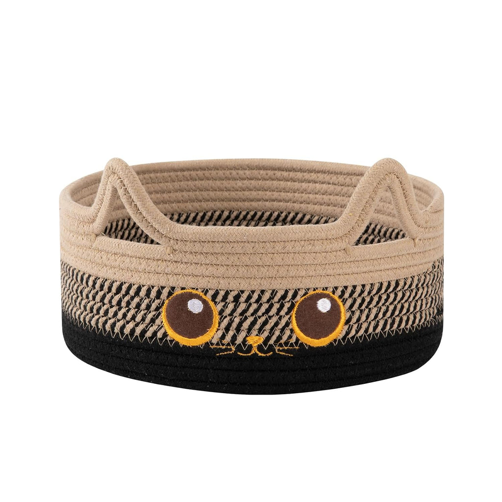 Small Cotton Rope Storage Basket,Round Cat Toy Basket,Beige & Black | Cute Decorative Dog Toy basket, Toy Bin for Baby, Pet, Gift Basket for Halloween, Baby Shower , 11"×11"×4.7"