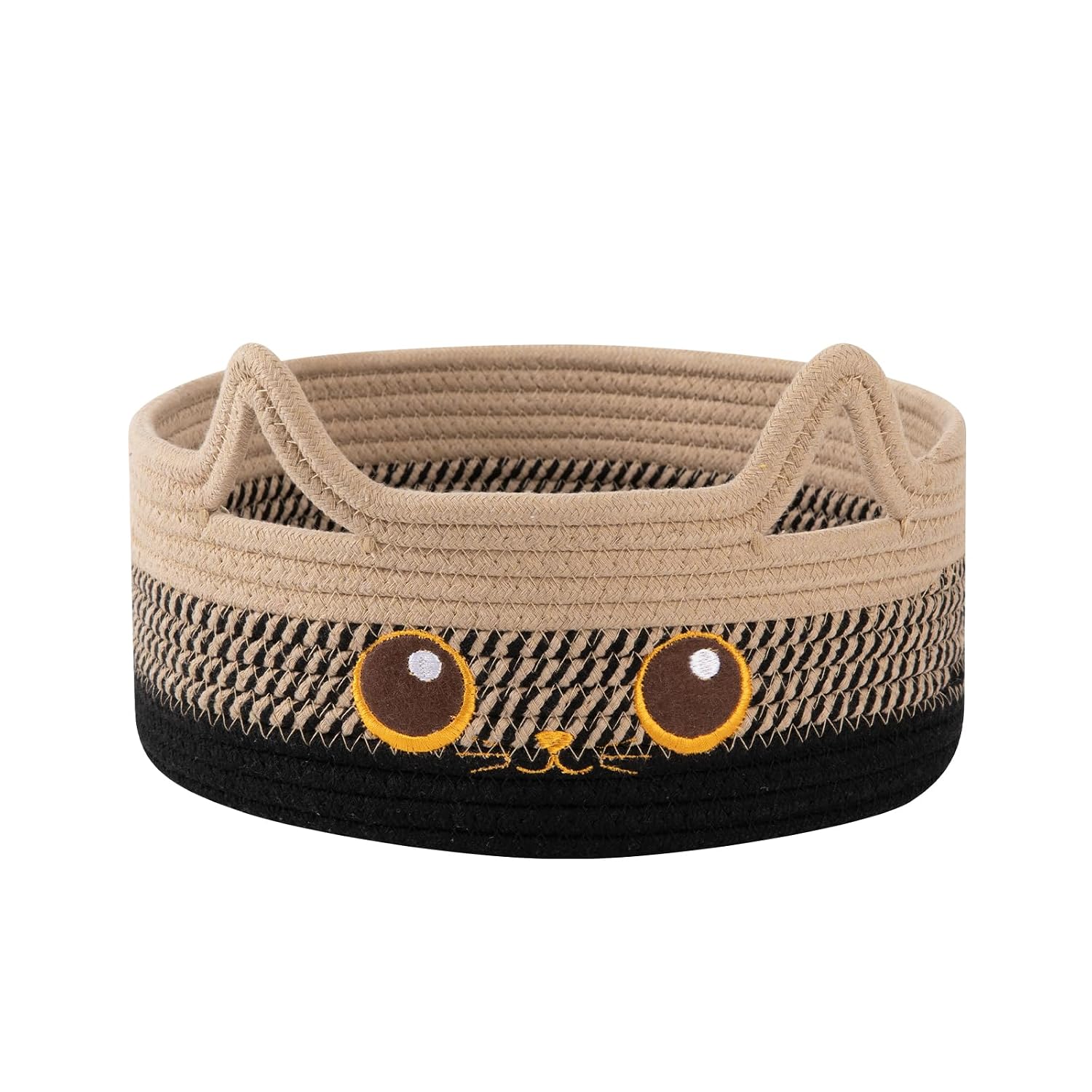 Small Cotton Rope Storage Basket,Round Cat Toy Basket,Beige & Black | Cute Decorative Dog Toy basket, Toy Bin for Baby, Pet, Gift Basket for Halloween, Baby Shower , 11"×11"×4.7"