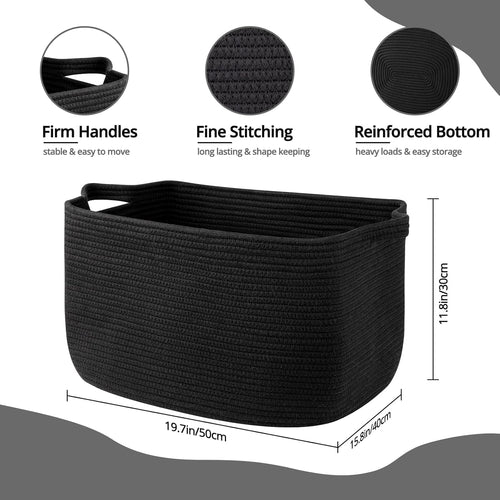 OIASKET Large Blanket Basket, Black Blanket Storage Living Room, Rectangle Woven Baskets for Storage Toys, Towels, Dirty Clothes Organizer Bins (Black)