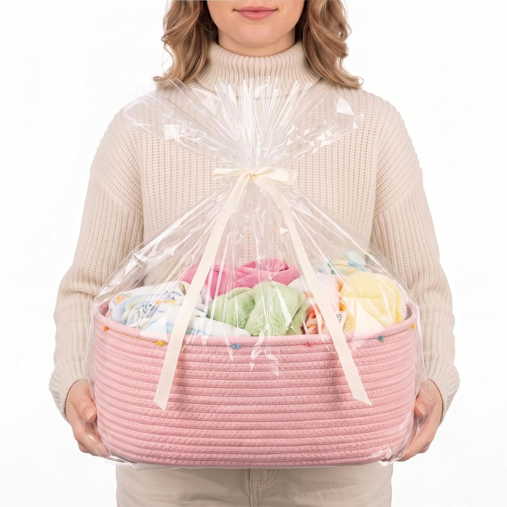 Large Gift Basket Empty, Cotton Rope Basket for Baby Shower,Festival,Pink | Woven Storage Basket with Gift Bag, Ribbon for Birthday,Wedding, Decorative Toy Bin for Nursery,Shelf