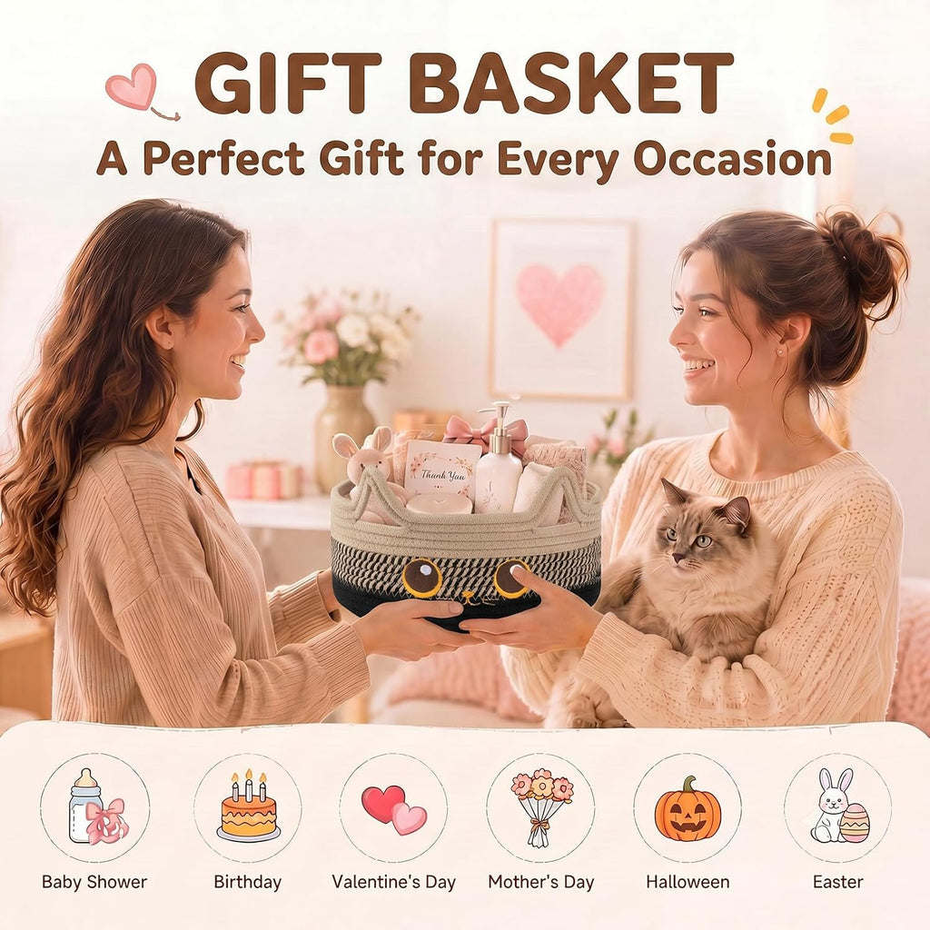 Small Cotton Rope Storage Basket,Round Cat Toy Basket,Beige & Black | Cute Decorative Dog Toy basket, Toy Bin for Baby, Pet, Gift Basket for Halloween, Baby Shower , 11"×11"×4.7"