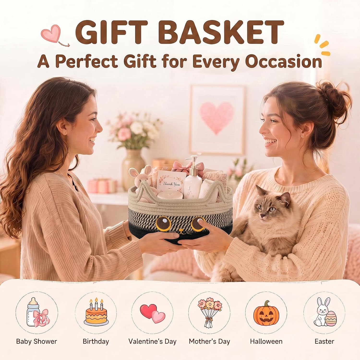 Small Cotton Rope Storage Basket,Round Cat Toy Basket,Beige & Black | Cute Decorative Dog Toy basket, Toy Bin for Baby, Pet, Gift Basket for Halloween, Baby Shower , 11"×11"×4.7"