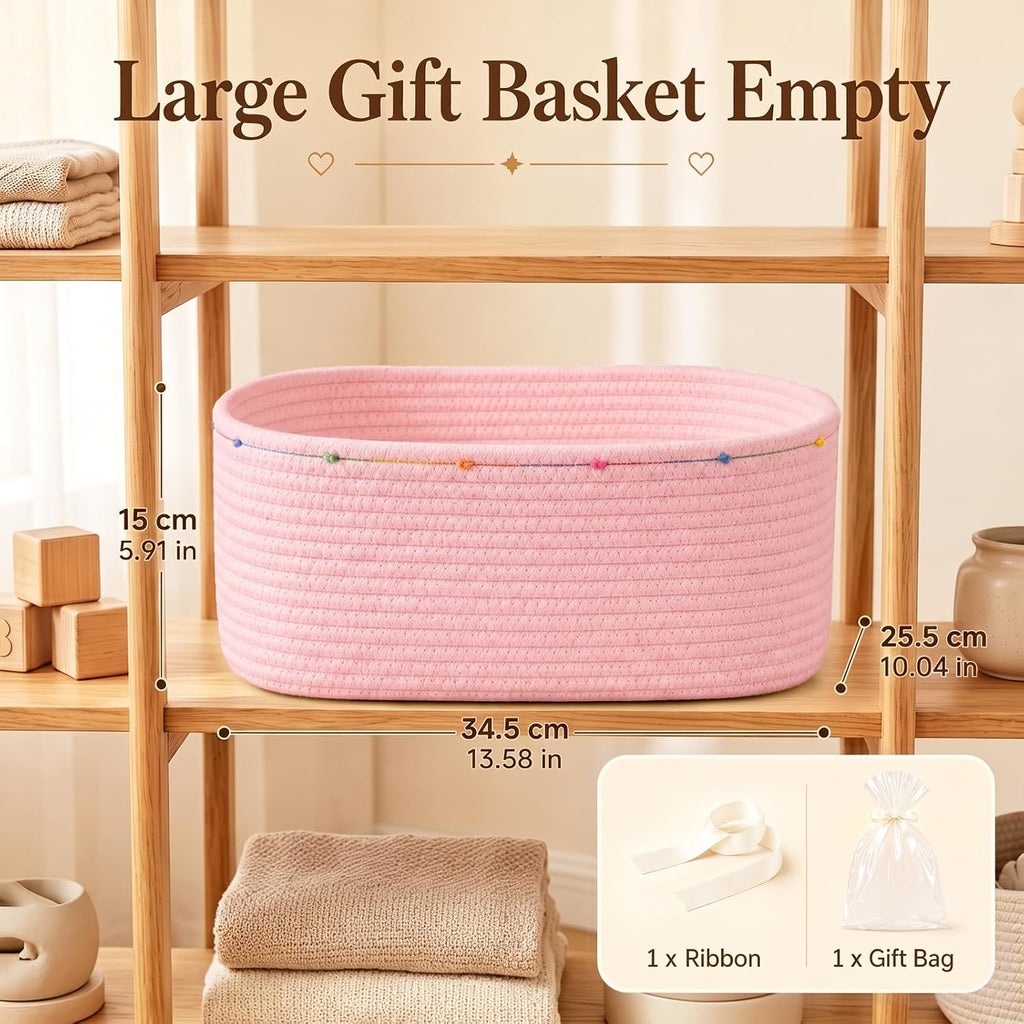Large Gift Basket Empty, Cotton Rope Basket for Baby Shower,Festival,Pink | Woven Storage Basket with Gift Bag, Ribbon for Birthday,Wedding, Decorative Toy Bin for Nursery,Shelf