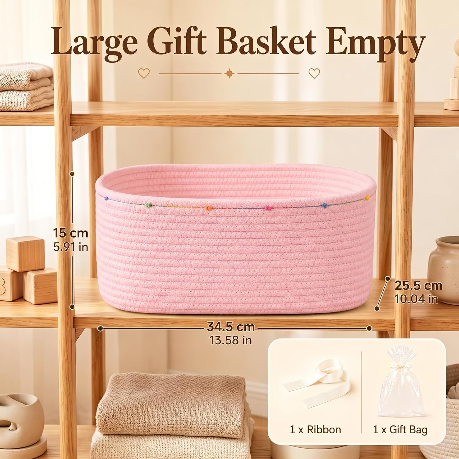 Large Gift Basket Empty, Cotton Rope Basket for Baby Shower,Festival,Pink | Woven Storage Basket with Gift Bag, Ribbon for Birthday,Wedding, Decorative Toy Bin for Nursery,Shelf