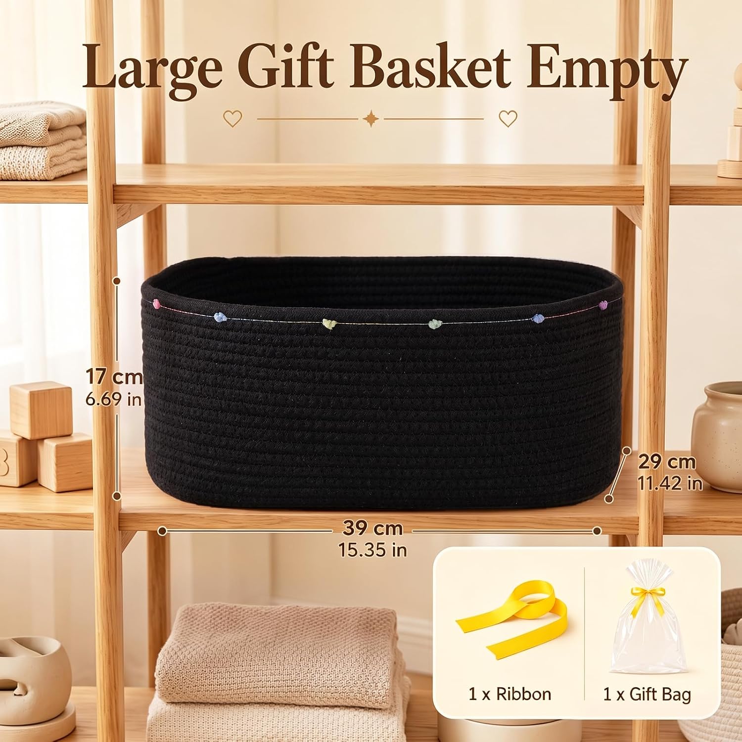 Large Gift Basket Empty, Cotton Rope Basket for Festival,Baby Shower,Black | Woven Storage Basket with Gift Bag, Ribbon for Birthday,Wedding, Decorative Toy Bin for Nursery,Shelf