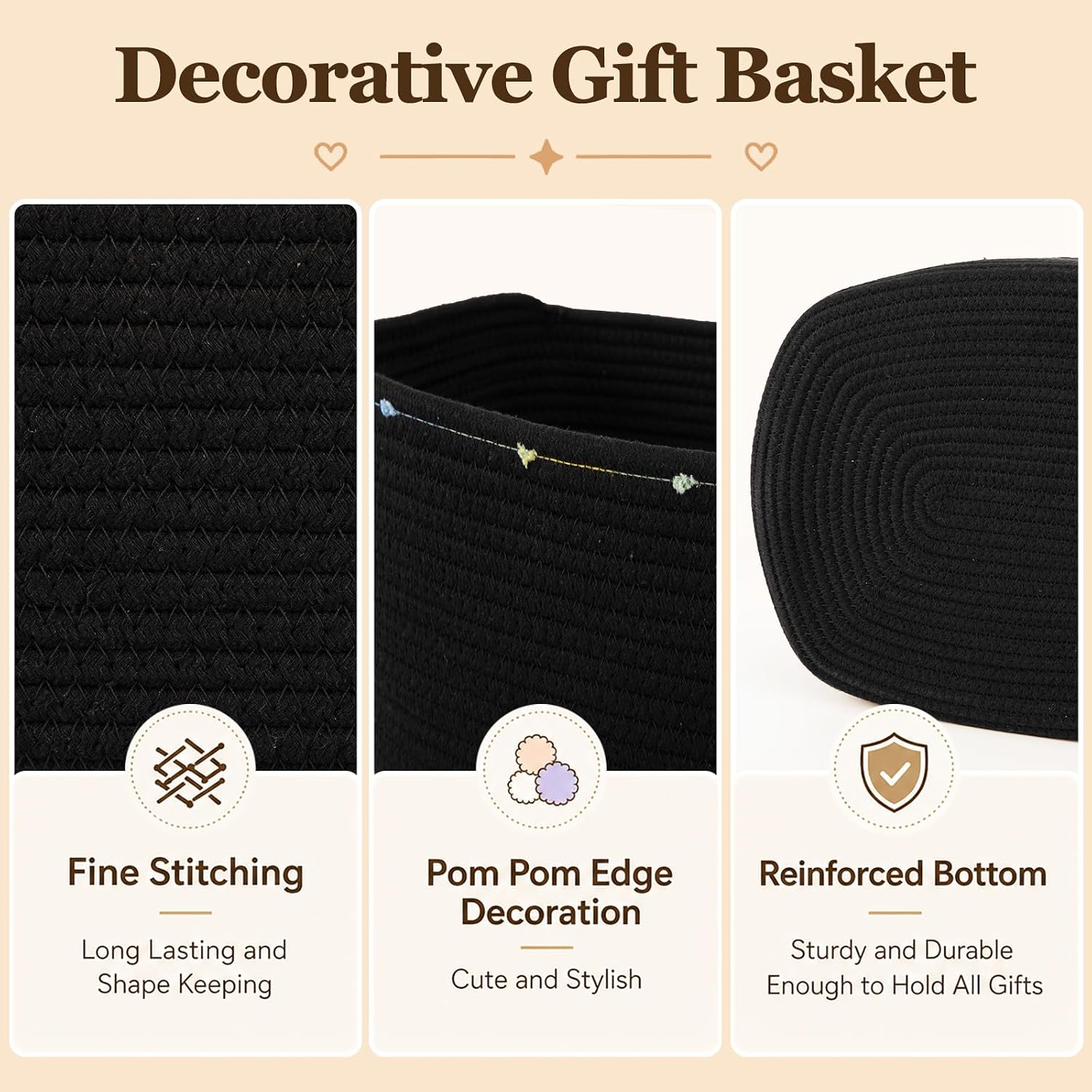 Large Gift Basket Empty, Cotton Rope Basket for Festival,Baby Shower,Black | Woven Storage Basket with Gift Bag, Ribbon for Birthday,Wedding, Decorative Toy Bin for Nursery,Shelf