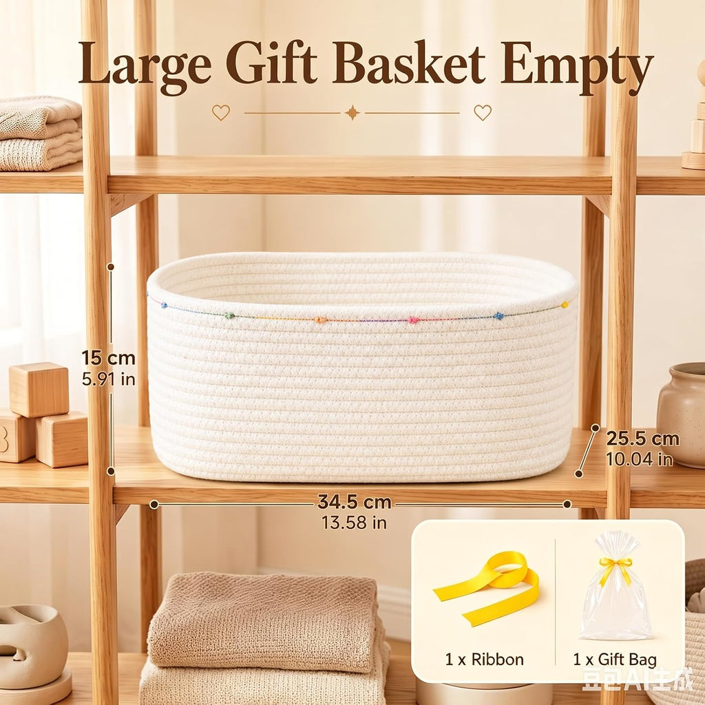 Large Gift Basket Empty, Cotton Rope Basket for Baby Shower,Festival,White | Woven Storage Basket with Gift Bag, Ribbon for Birthday,Wedding, Decorative Toy Bin for Nursery,Shelf