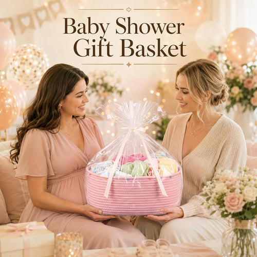 Large Gift Basket Empty, Cotton Rope Basket for Baby Shower,Festival,Pink | Woven Storage Basket with Gift Bag, Ribbon for Birthday,Wedding, Decorative Toy Bin for Nursery,Shelf