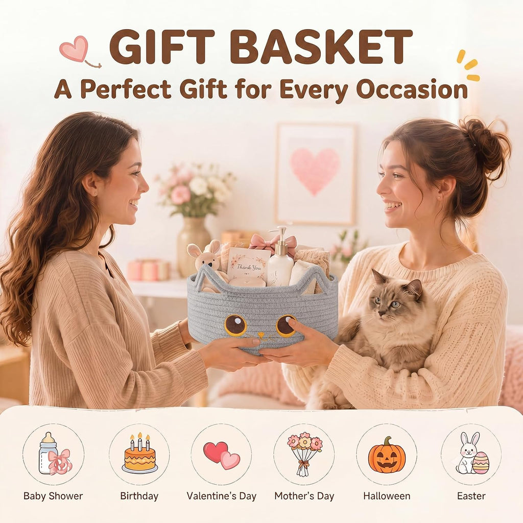 Small Cotton Rope Storage Basket,Round Cat Toy Basket for Living Room, Gray | Cute Decorative Dog Toy Basket, Toy Bin for Baby, Pet, Gift Basket for Halloween, Baby Shower , 11"×11"×4.7"