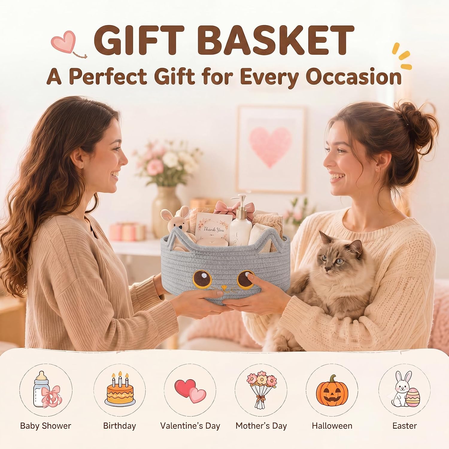Small Cotton Rope Storage Basket,Round Cat Toy Basket for Living Room, Gray | Cute Decorative Dog Toy Basket, Toy Bin for Baby, Pet, Gift Basket for Halloween, Baby Shower , 11"×11"×4.7"