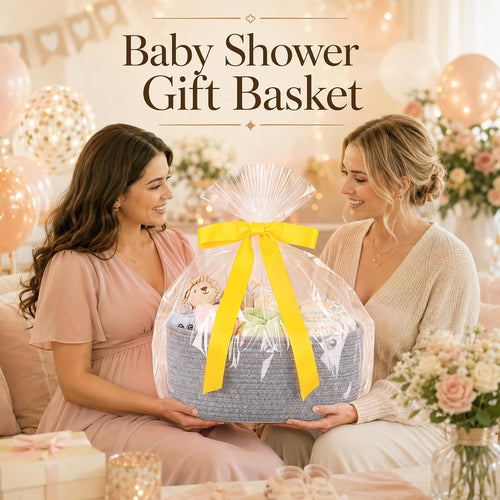 Large Gift Basket Empty, Cotton Rope Basket for Festival,Baby Shower,Grey | Woven Storage Basket with Gift Bag, Ribbon for Birthday,Wedding, Decorative Toy Bin for Nursery,Shelf