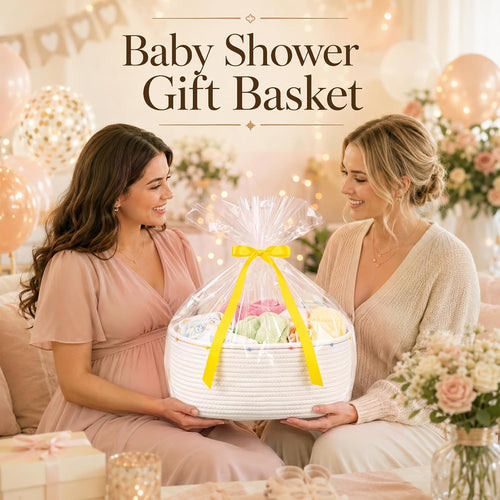 Large Gift Basket Empty, Cotton Rope Basket for Baby Shower,Festival,White | Woven Storage Basket with Gift Bag, Ribbon for Birthday,Wedding, Decorative Toy Bin for Nursery,Shelf