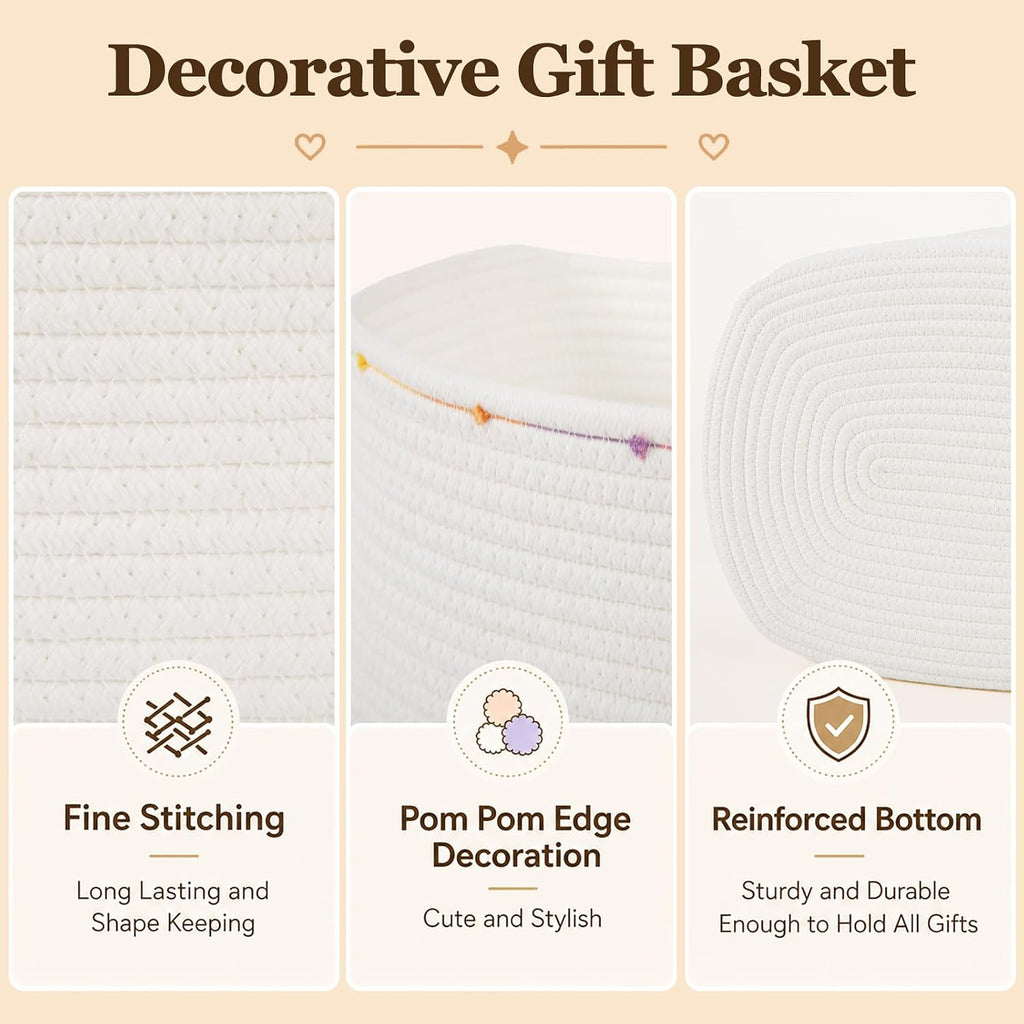 Large Gift Basket Empty, Cotton Rope Basket for Baby Shower,Festival,White | Woven Storage Basket with Gift Bag, Ribbon for Birthday,Wedding, Decorative Toy Bin for Nursery,Shelf