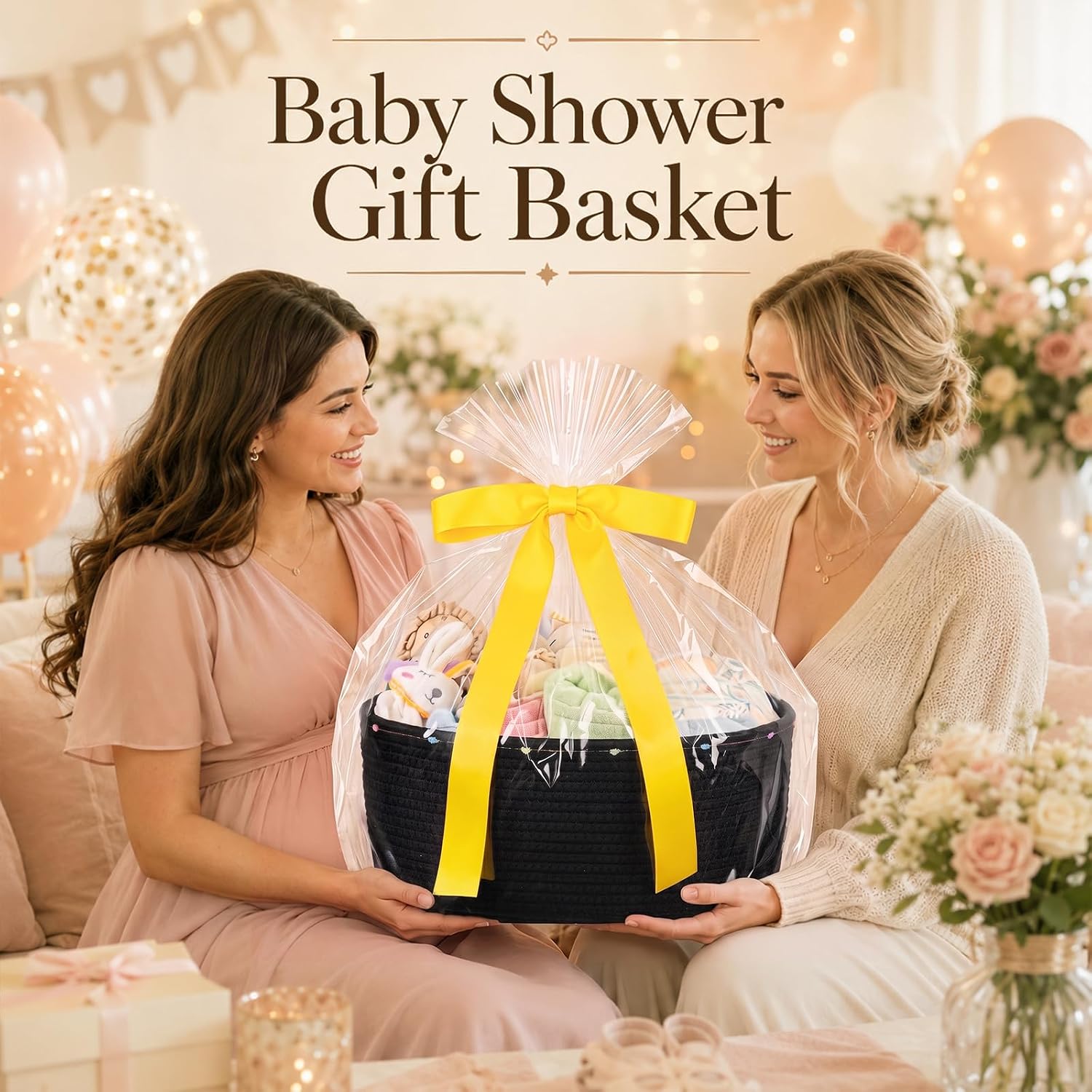 Large Gift Basket Empty, Cotton Rope Basket for Festival,Baby Shower,Black | Woven Storage Basket with Gift Bag, Ribbon for Birthday,Wedding, Decorative Toy Bin for Nursery,Shelf