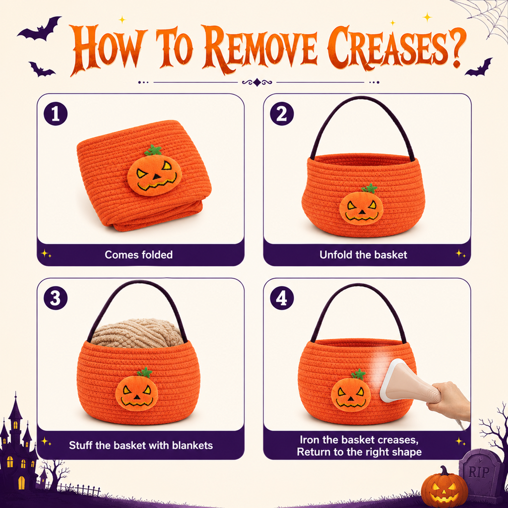 Halloween Trick or Treat Basket for Kid, Light Up Pumpkin Candy Bucket Cute Woven Cotton Rope Boo Basket with Handle, Small Halloween Gift Basket for Party,9.84"x7.87"x6.3", Orange