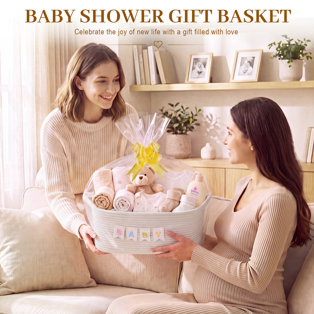 OIASKET Empty Personalized Gift Basket for Baby Shower & Birthday | 13.5"x10"x6" Woven Storage Basket with Bags, Bow & DIY Flag Set for Kids, Dogs, Nurser Toy Bin Home Decor-White