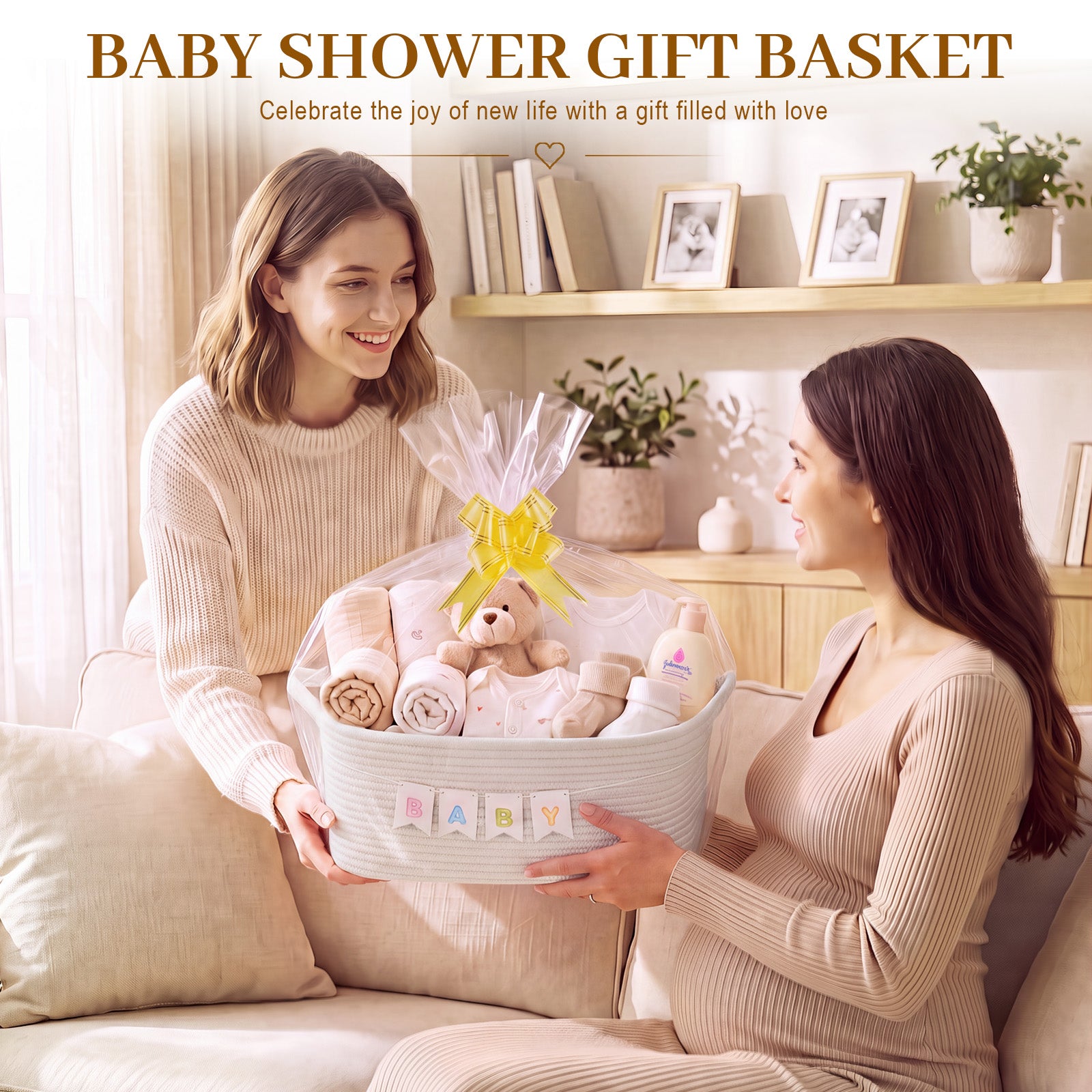 OIASKET Empty Personalized Gift Basket for Baby Shower & Birthday | 13.5"x10"x6" Woven Storage Basket with Bags, Bow & DIY Flag Set for Kids, Dogs, Nurser Toy Bin Home Decor-White
