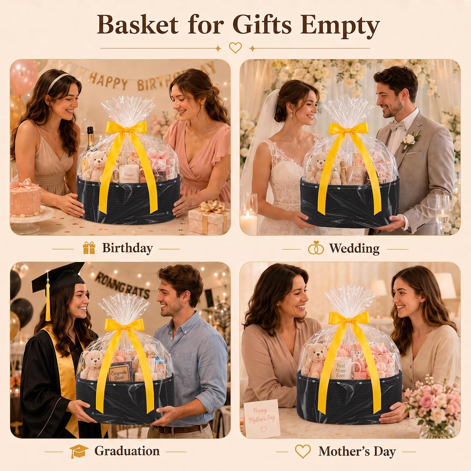 Large Gift Basket Empty, Cotton Rope Basket for Festival,Baby Shower,Black | Woven Storage Basket with Gift Bag, Ribbon for Birthday,Wedding, Decorative Toy Bin for Nursery,Shelf