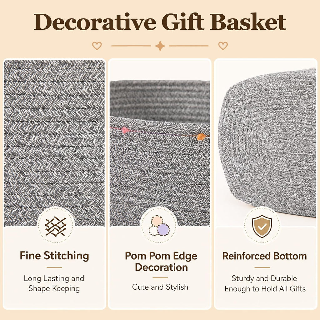 Large Gift Basket Empty, Cotton Rope Basket for Festival,Baby Shower,Grey | Woven Storage Basket with Gift Bag, Ribbon for Birthday,Wedding, Decorative Toy Bin for Nursery,Shelf