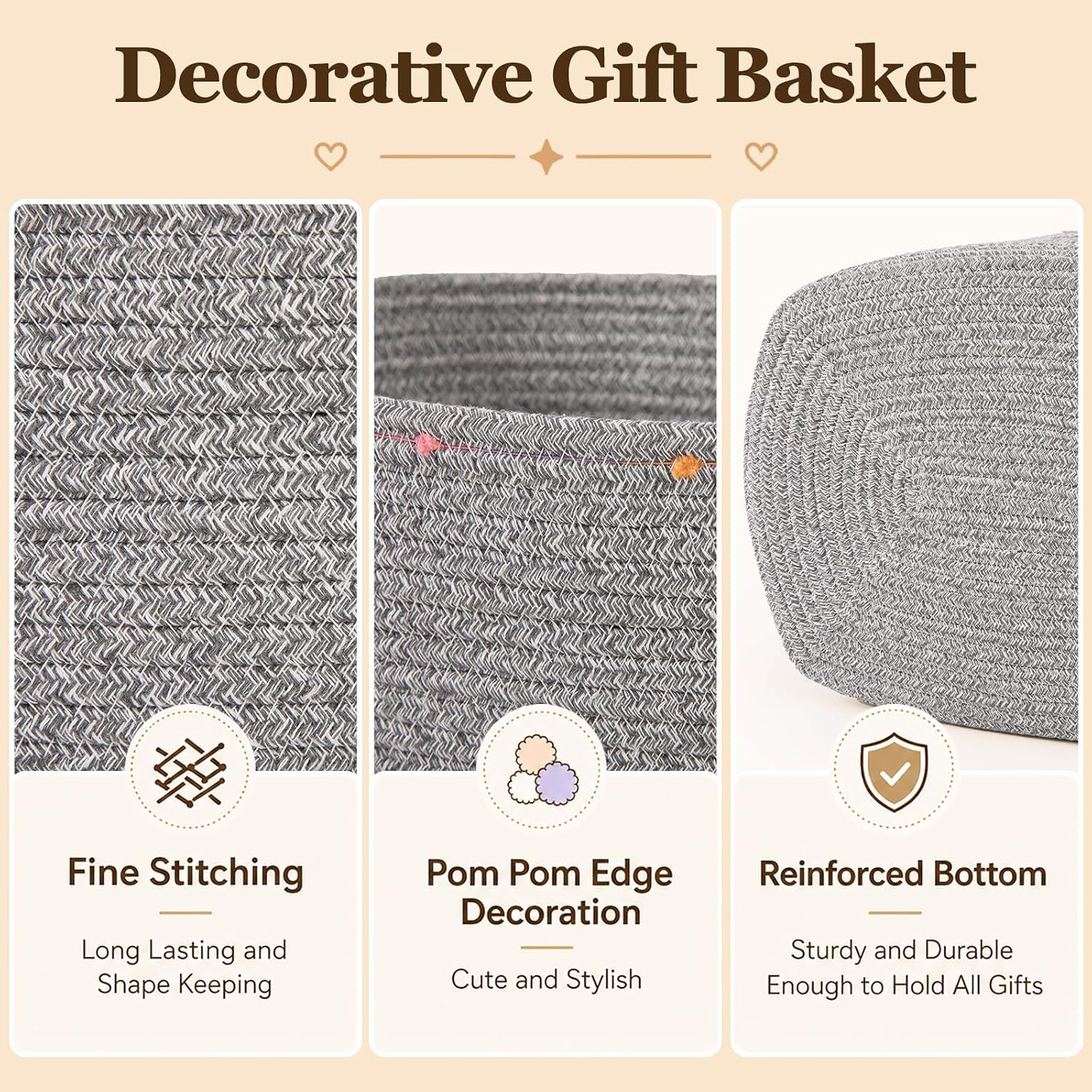 Large Gift Basket Empty, Cotton Rope Basket for Festival,Baby Shower,Grey | Woven Storage Basket with Gift Bag, Ribbon for Birthday,Wedding, Decorative Toy Bin for Nursery,Shelf