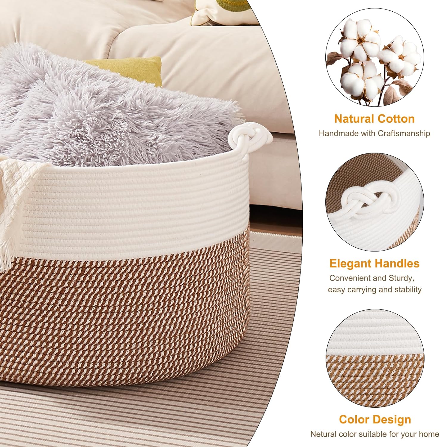 OIASKET Large Blanket Storage Basket for Living Room, 22.8" x 22.8" x 13" Woven Cotton Rope Basket with Handles, Baby Toy Storage, Laundry Hamper for Clothes, Pillows, Towels-Yellow and White