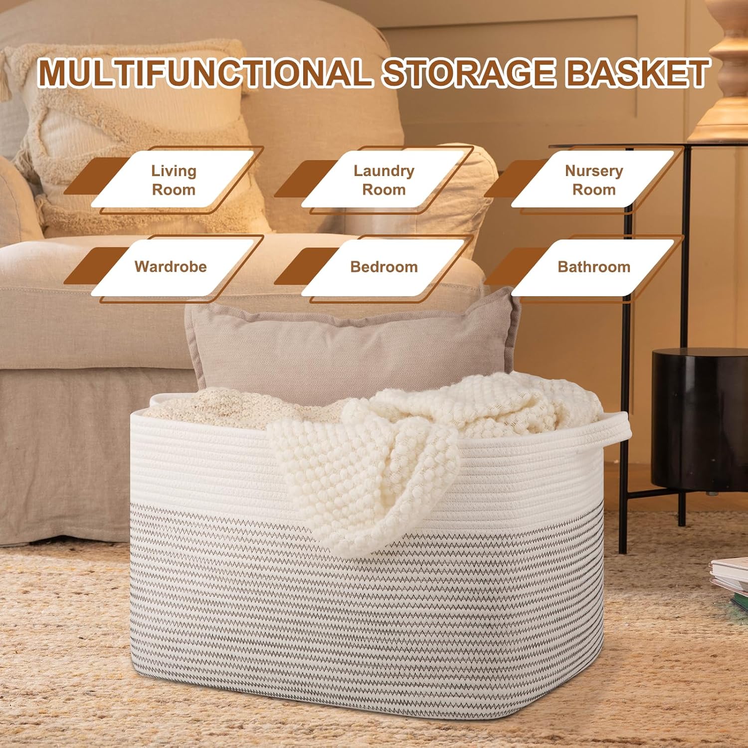 OIASKET Large Blanket Basket, Blanket Storage Living Room, Rectangle Woven Baskets for Storage Toys, Towels, Diry Clothes Organizer Bins (Black & White, 19.7"x15.8"x11.8")