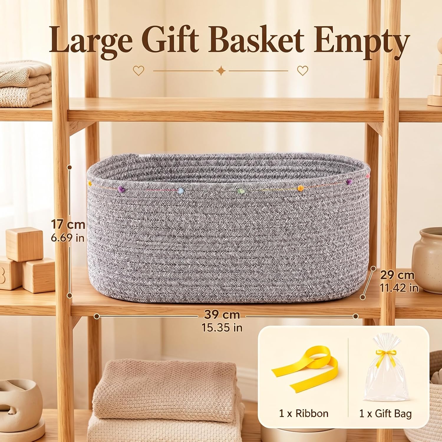 Large Gift Basket Empty, Cotton Rope Basket for Festival,Baby Shower,Grey | Woven Storage Basket with Gift Bag, Ribbon for Birthday,Wedding, Decorative Toy Bin for Nursery,Shelf