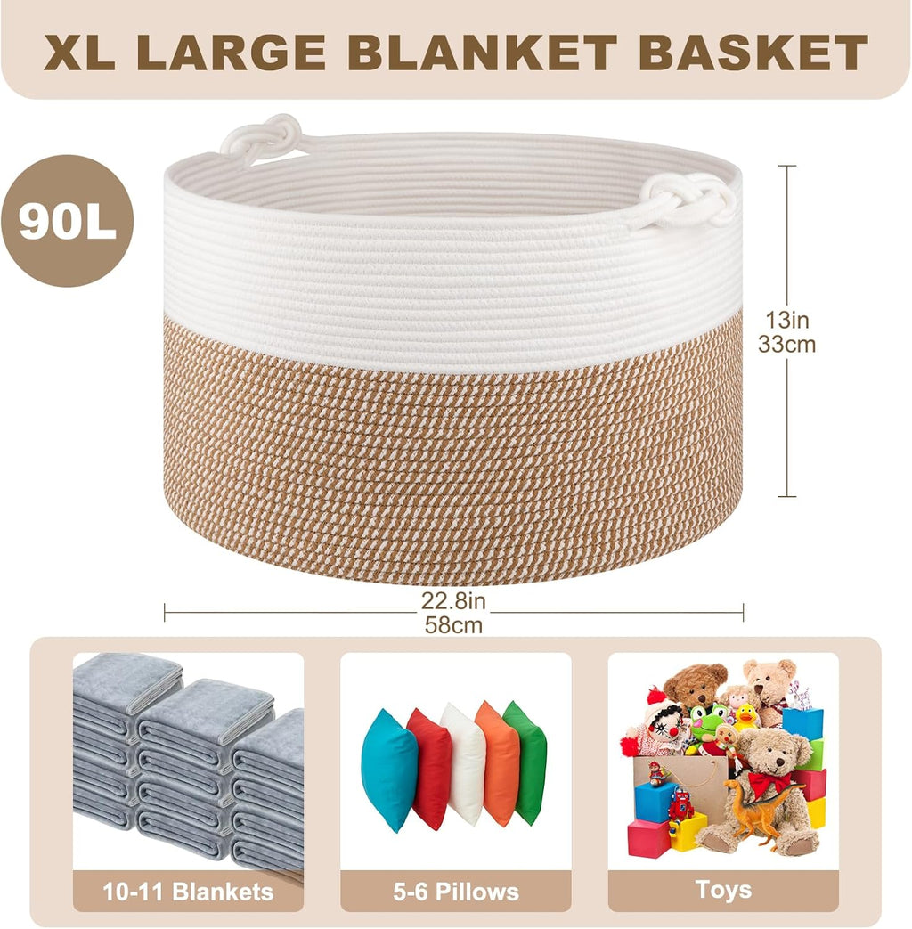 OIASKET Large Blanket Storage Basket for Living Room, 22.8" x 22.8" x 13" Woven Cotton Rope Basket with Handles, Baby Toy Storage, Laundry Hamper for Clothes, Pillows, Towels-Yellow and White