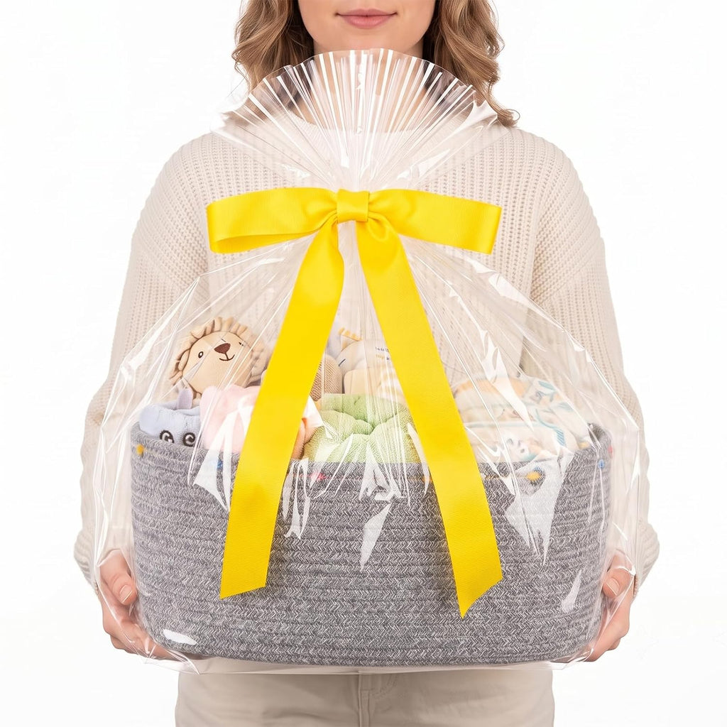Large Gift Basket Empty, Cotton Rope Basket for Festival,Baby Shower,Grey | Woven Storage Basket with Gift Bag, Ribbon for Birthday,Wedding, Decorative Toy Bin for Nursery,Shelf