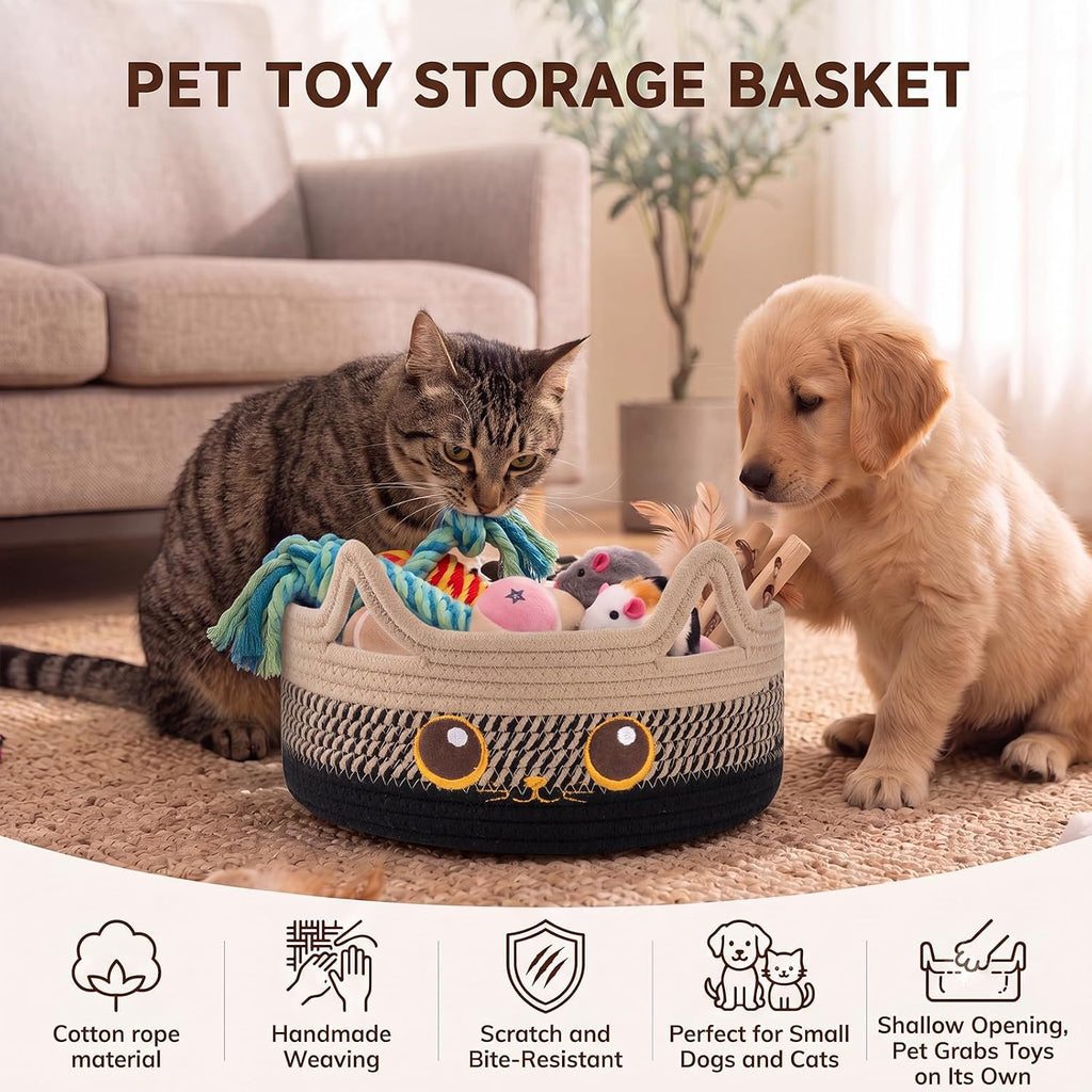 Small Cotton Rope Storage Basket,Round Cat Toy Basket,Beige & Black | Cute Decorative Dog Toy basket, Toy Bin for Baby, Pet, Gift Basket for Halloween, Baby Shower , 11"×11"×4.7"
