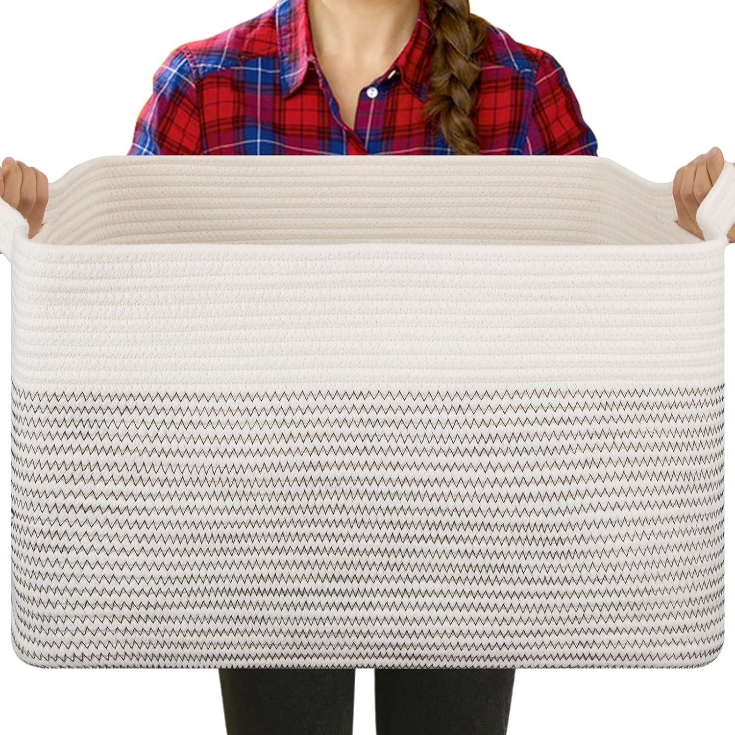 OIASKET Large Blanket Basket, Blanket Storage Living Room, Rectangle Woven Baskets for Storage Toys, Towels, Diry Clothes Organizer Bins (Black & White, 19.7"x15.8"x11.8")