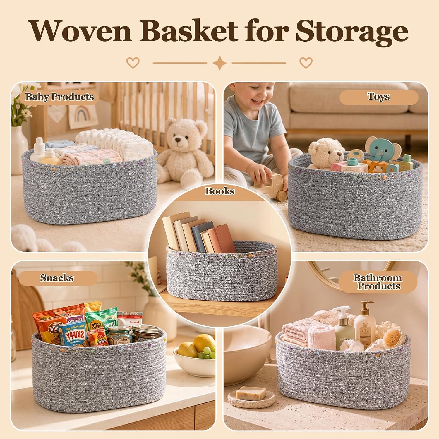 Large Gift Basket Empty, Cotton Rope Basket for Festival,Baby Shower,Grey | Woven Storage Basket with Gift Bag, Ribbon for Birthday,Wedding, Decorative Toy Bin for Nursery,Shelf