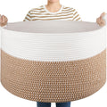 OIASKET Large Blanket Storage Basket for Living Room, 22.8" x 22.8" x 13" Woven Cotton Rope Basket with Handles, Baby Toy Storage, Laundry Hamper for Clothes, Pillows, Towels-Yellow and White