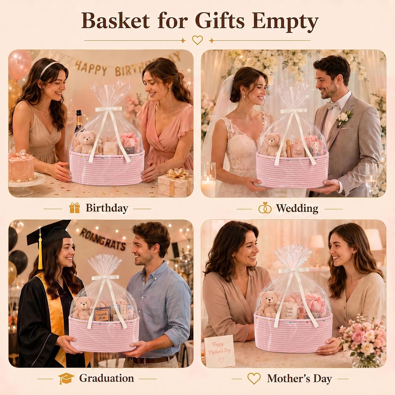 Large Gift Basket Empty, Cotton Rope Basket for Baby Shower,Festival,Pink | Woven Storage Basket with Gift Bag, Ribbon for Birthday,Wedding, Decorative Toy Bin for Nursery,Shelf