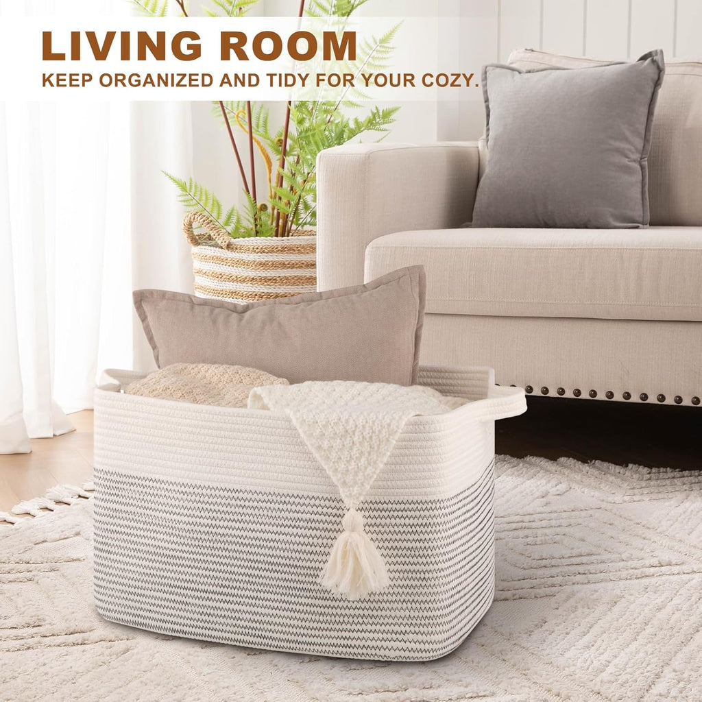 OIASKET Large Blanket Basket, Blanket Storage Living Room, Rectangle Woven Baskets for Storage Toys, Towels, Diry Clothes Organizer Bins (Black & White, 19.7"x15.8"x11.8")