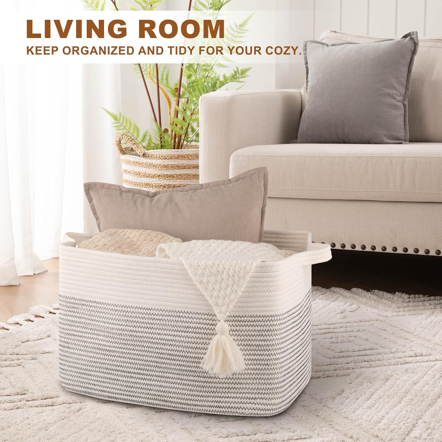 OIASKET Large Blanket Basket, Blanket Storage Living Room, Rectangle Woven Baskets for Storage Toys, Towels, Diry Clothes Organizer Bins (Black & White, 19.7"x15.8"x11.8")