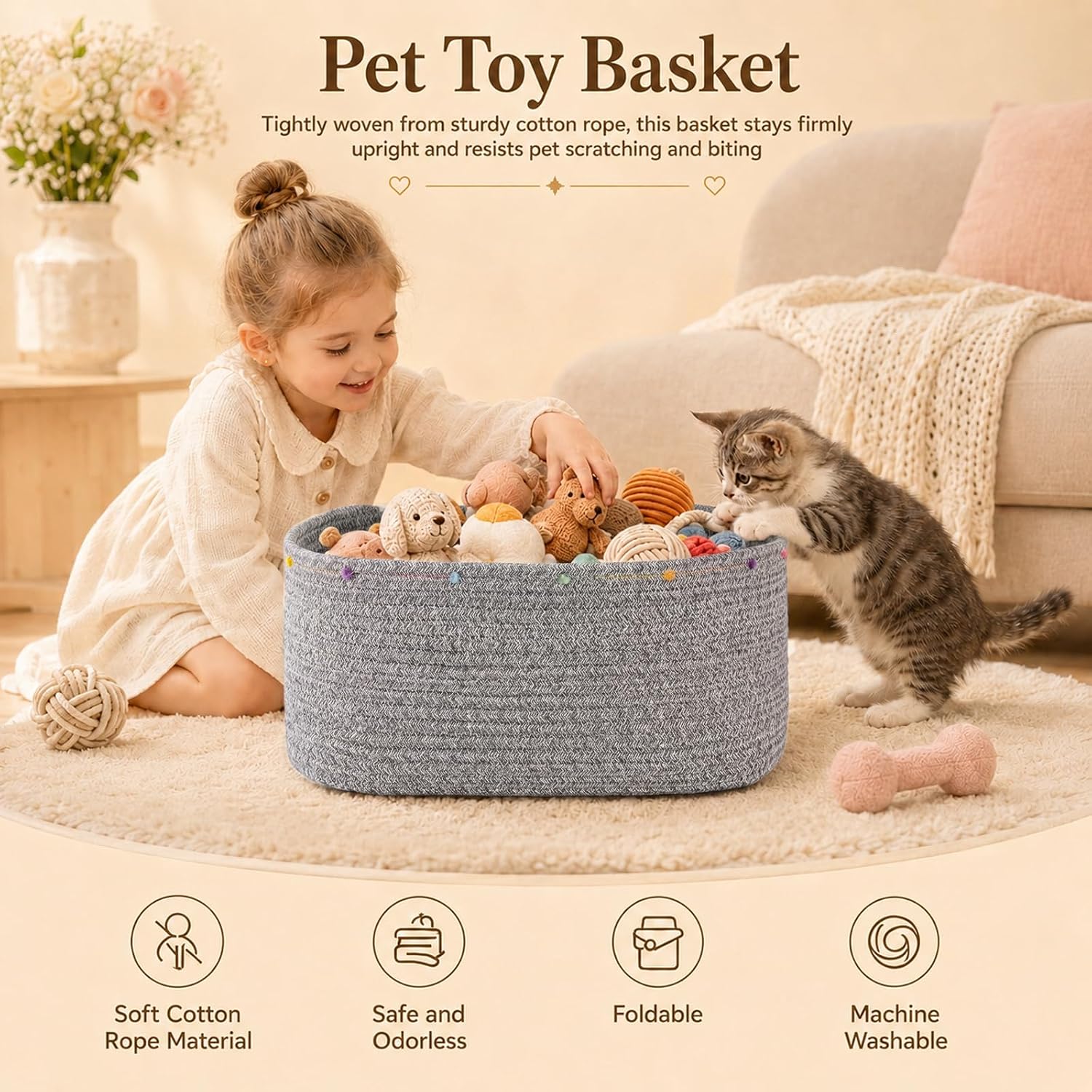 Large Gift Basket Empty, Cotton Rope Basket for Festival,Baby Shower,Grey | Woven Storage Basket with Gift Bag, Ribbon for Birthday,Wedding, Decorative Toy Bin for Nursery,Shelf