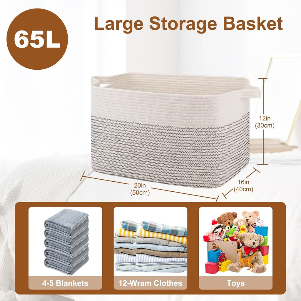 OIASKET Large Blanket Basket, Blanket Storage Living Room, Rectangle Woven Baskets for Storage Toys, Towels, Diry Clothes Organizer Bins (Black & White, 19.7"x15.8"x11.8")