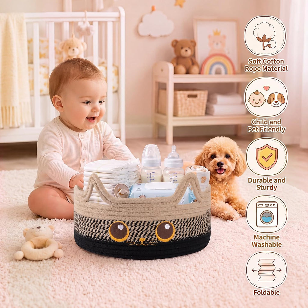 Small Cotton Rope Storage Basket,Round Cat Toy Basket,Beige & Black | Cute Decorative Dog Toy basket, Toy Bin for Baby, Pet, Gift Basket for Halloween, Baby Shower , 11"×11"×4.7"